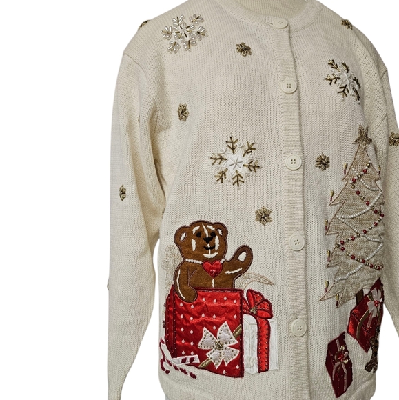 Winter Wonderland Vintage Embroidered Knit Cardigan in Cream and Red Size Med - Picture 9 of 12